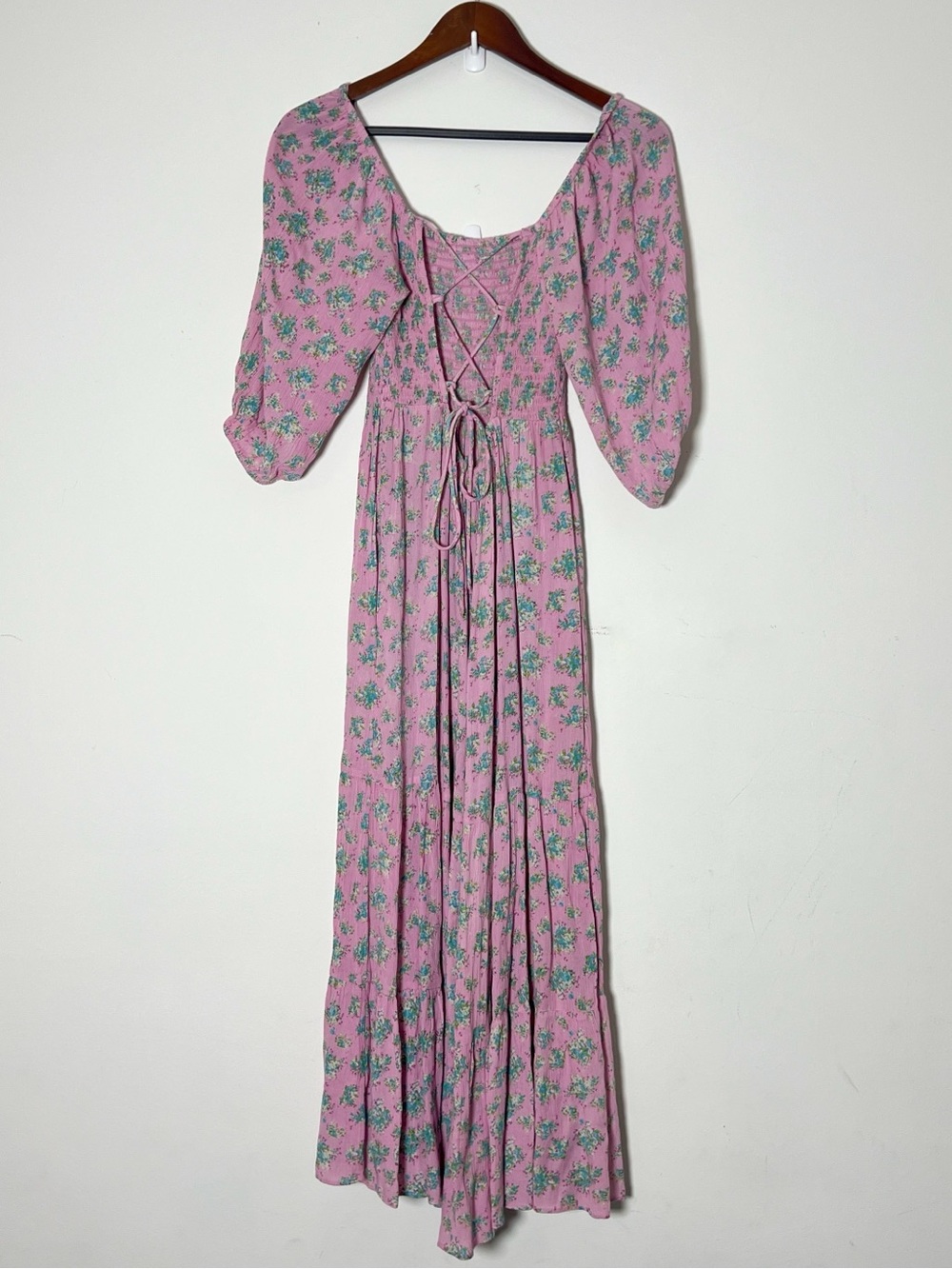 Urban Outfitters Lottie Floral Tie-Back Midi Dress Printed Smocked Puff Sleeve - Picture 4 of 8